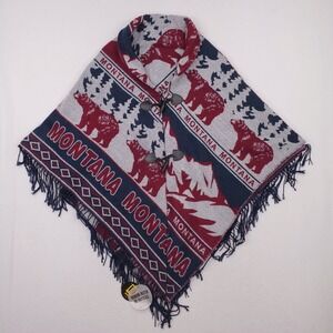Montana Grizzlies Poncho Womens Blue Red Wrap Sweater Blanket Robin Ruth Toggle